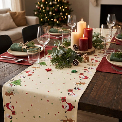 38 Meter Dunicel Tischläufer 40cm breit Tischband Weihnachten (8 Rollen) - Jolly Friends Creme