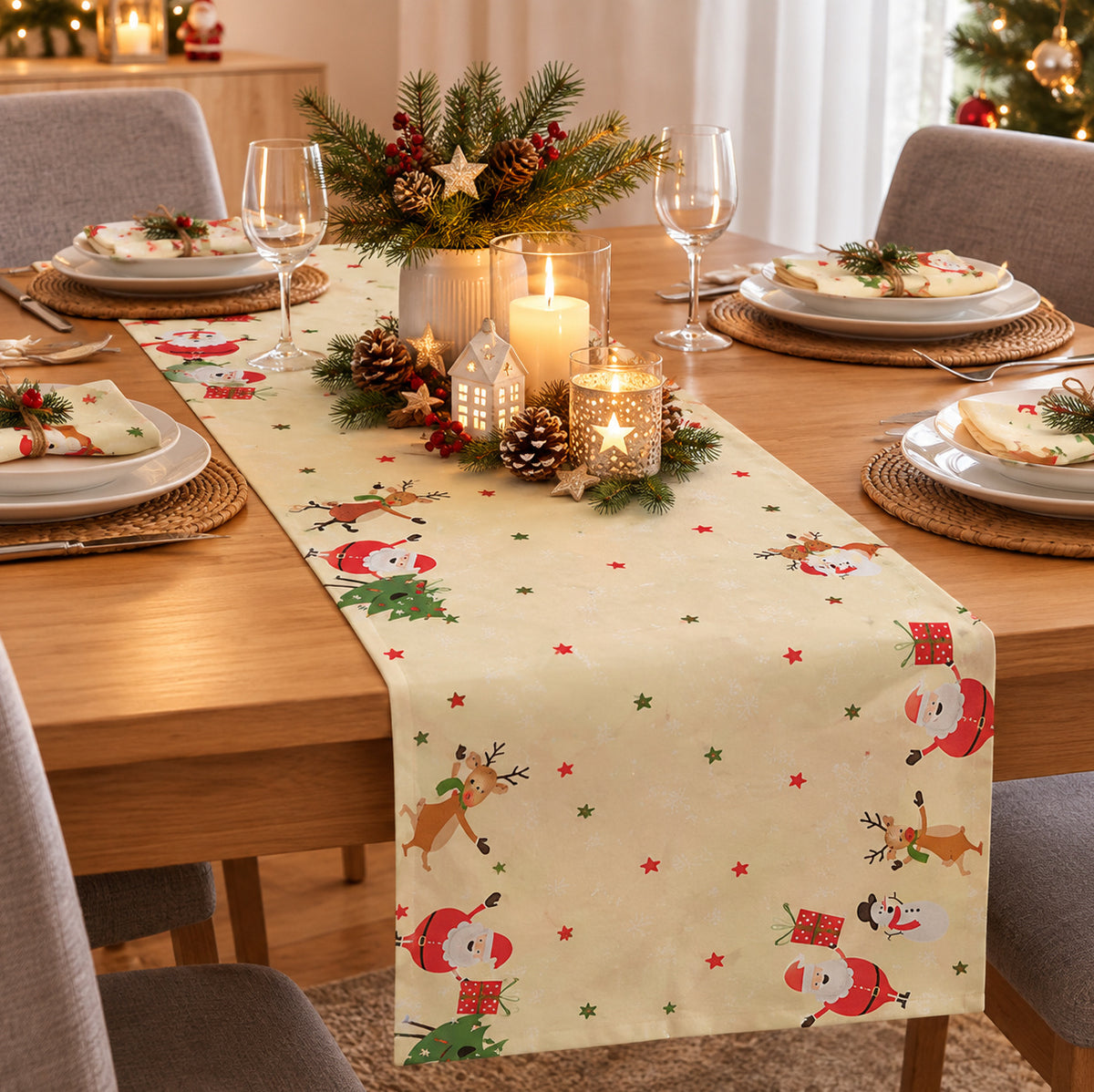 38 Meter Dunicel Tischläufer 40cm breit Tischband Weihnachten (8 Rollen) - Jolly Friends Creme