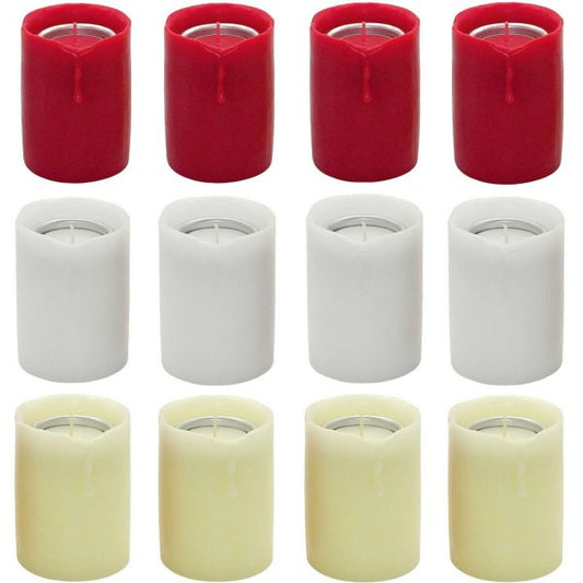 12er Set Stumpenkerzen 90x70mm Echtwachs Teelichthalter Dauerkerzen - rot/weiß/creme