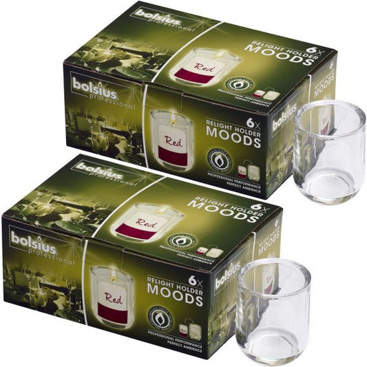 12 Stück Bolsius Relight Kerzenhalter Moods 88x71mm Teelichthalter Glas klar (2x6er)