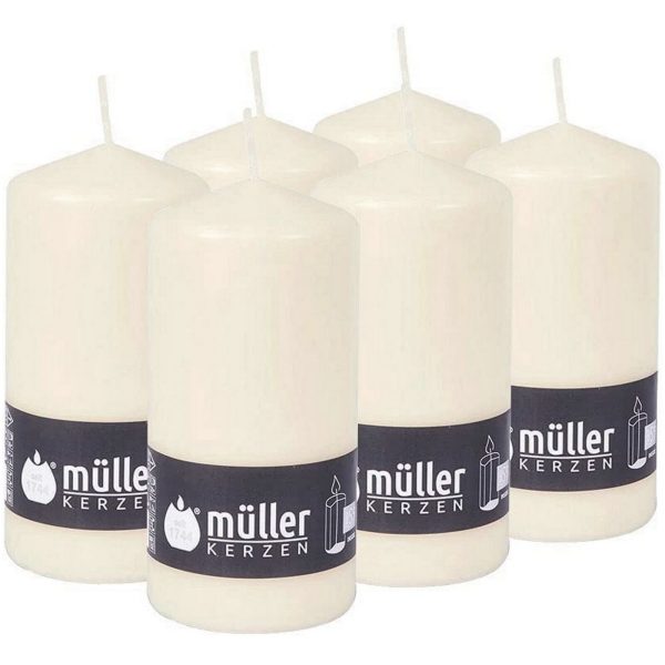 6 Stück Müller Stumpenkerzen 135x68mm BBS Durchbrandsperre - Elfenbein