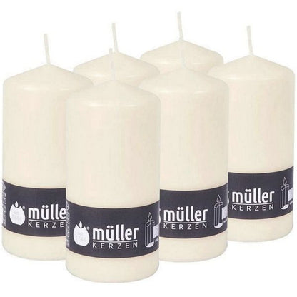 6 Stück Müller Stumpenkerzen 135x68mm BBS Durchbrandsperre - Elfenbein