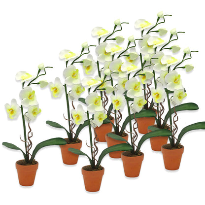 9er Set Künstliche Mini-Orchideen im Tontopf Blumen Kunstpflanzen 22x3cm weiß-gelb