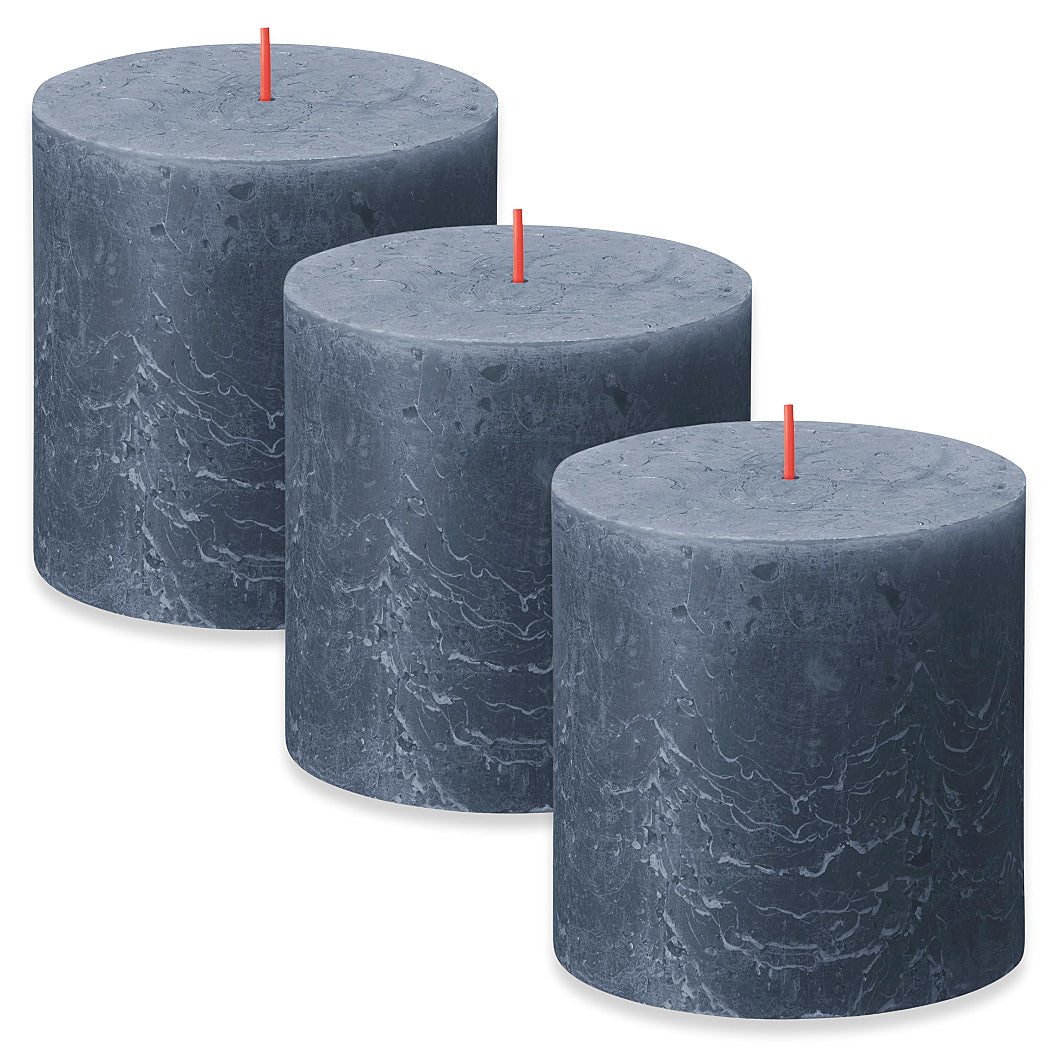 3er Set Bolsius Rustik Stumpenkerzen 100x100mm Hortensienblau - dunkelblau