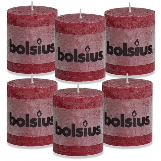 6 Stück Bolsius Rustik Stumpenkerzen 80x68mm - weinrot