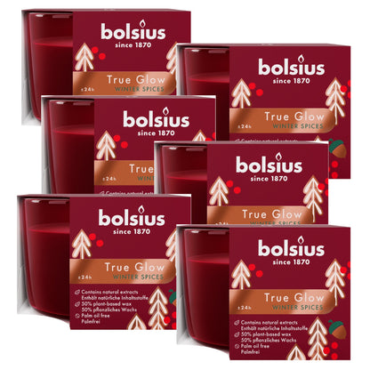 6er Set Bolsius True Glow Duftgläser 90x63mm Duftkerzen Kerzenglas - Winter Spices rot