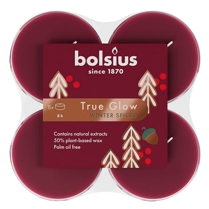 48 Stück Bolsius Duft True Glow Maxi Teelichter 8 h Acryl Cup Winter Spieces rot (6x8er)