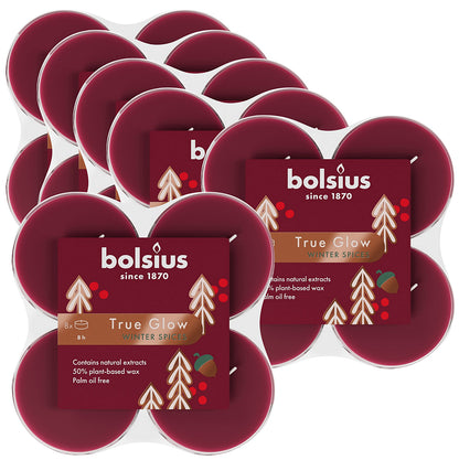 48 Stück Bolsius Duft True Glow Maxi Teelichter 8 h Acryl Cup Winter Spieces rot (6x8er)
