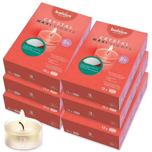 72-tlg. Bolsius Crystal Lights Maxi Teelicht 8 Stunden 57x25mm Acryl Cup klar (6x12er)