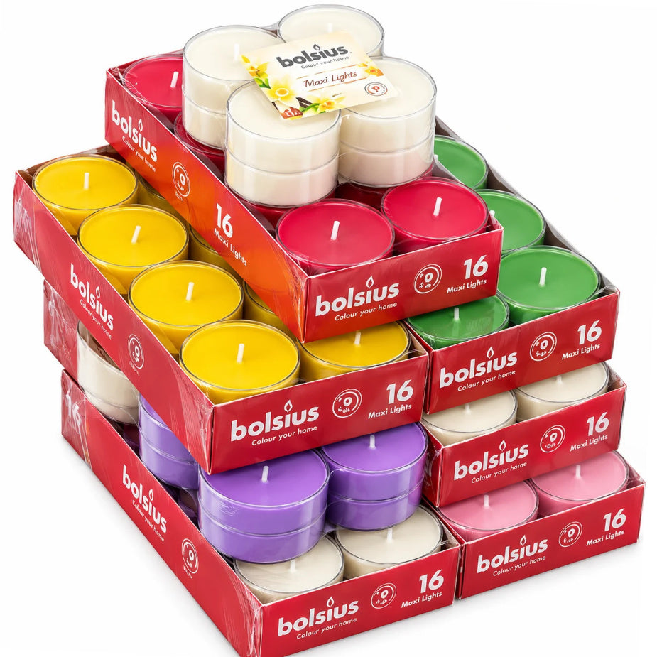 120 Stück Bolsius Maxi Duft-Teelichter 8h Acryl Cup Maxilichte - Mix Düfte & Farben