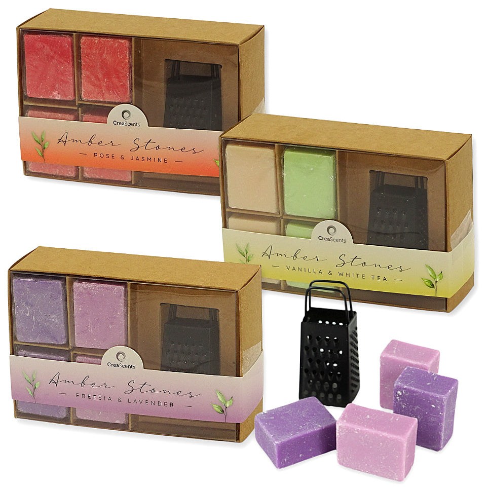 15-teilig CreaScents-Set: 3 Reiben + 12 Duftwürfel Amberblöcke Duftsteine Mix sortiert (3 Geschenkboxen)