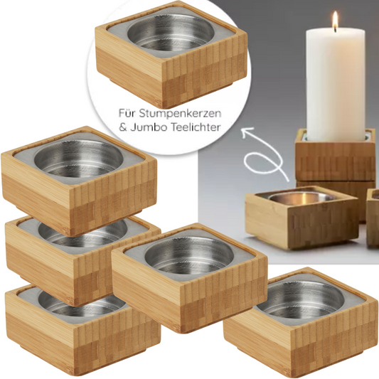 6 Stück Duni Kerzenhalter 3in1 Bambus 95x50mm für Stumpenkerzen Kerzenständer - Natur