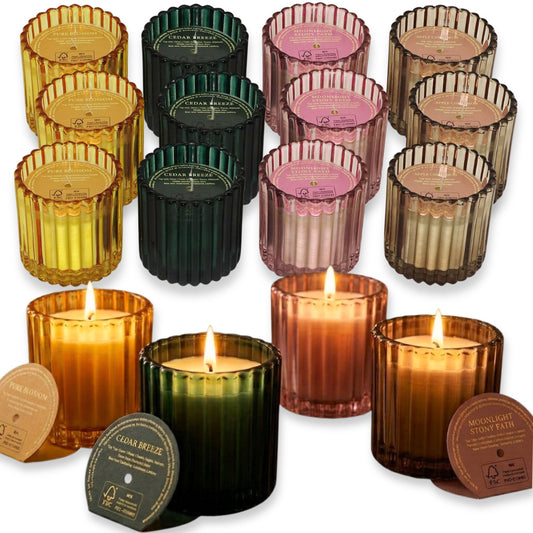 12er Set Duftgläser 75mm Duftkerzen im Glas Kerzengläser geriffelt 4 Farben sortiert