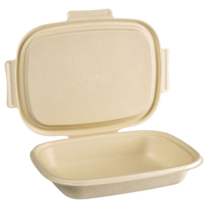 200 Stück Bio Bagasse Menüboxen mit Klappdeckel 900ml große Schalen ungeteilt - Natur (4x50er)