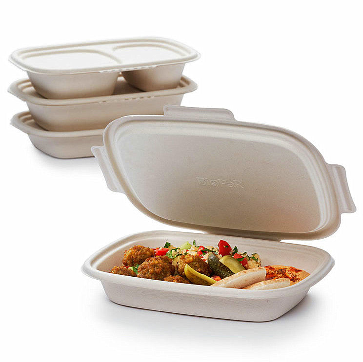 200 Stück Bio Bagasse Menüboxen mit Klappdeckel 900ml große Schalen ungeteilt - Natur (4x50er)
