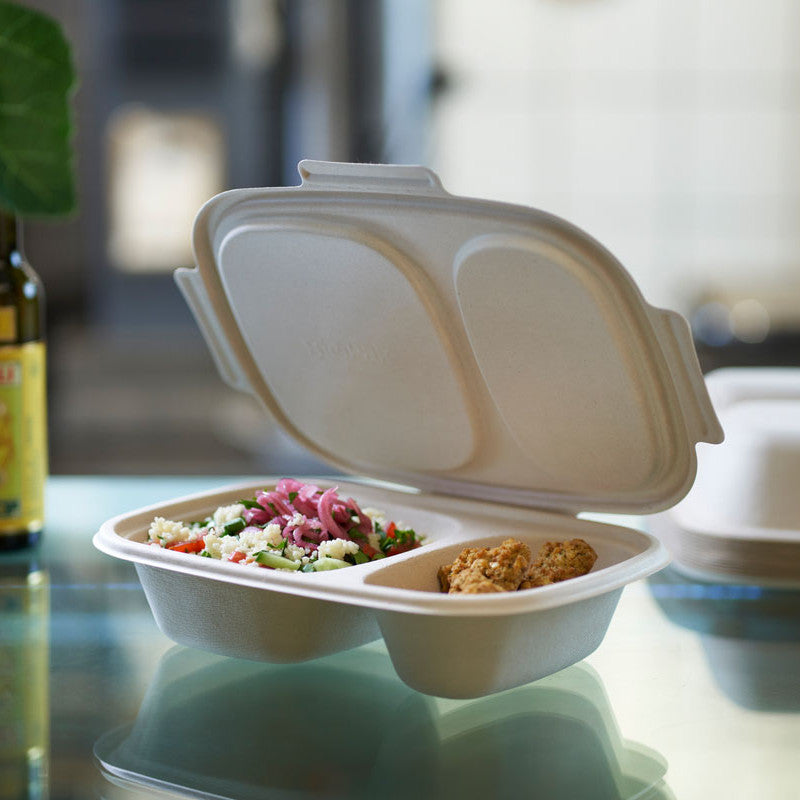 200 Stück Bio Bagasse Menüboxen mit Klappdeckel 900ml große Schalen ungeteilt - Natur (4x50er)