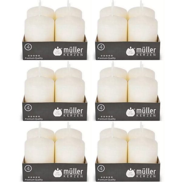 24 Stück Müller Stumpenkerzen 62x48mm BSS-Durchbrandsperre - Elfenbein (6x4er)