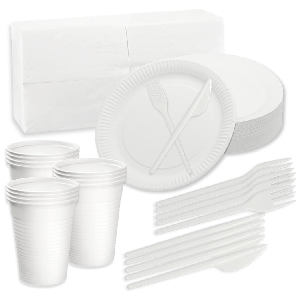 Party Set Einweg: 100 Pappteller + 100 Gabeln + 100 Messer + 100 Becher + 200 Servietten