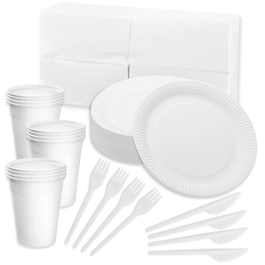 Party Set Einweg: 100 Pappteller + 100 Gabeln + 100 Messer + 100 Becher + 200 Servietten