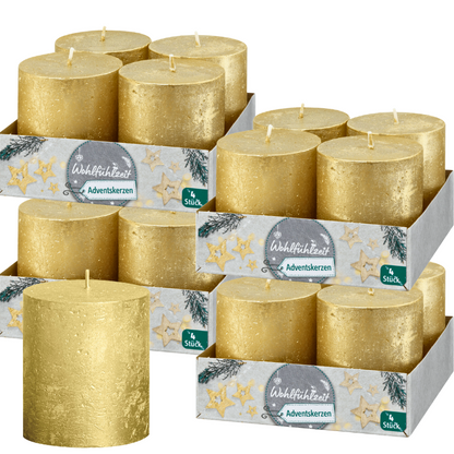 16 Stück Rustik Stumpenkerzen 80x68mm Blockkerzen Rustic Metallic (4x4er)