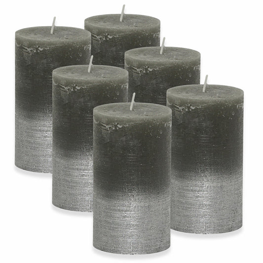 6er Set Gies Rustik Stumpenkerzen 120x68mm Blockkerzen Dunkelgrau-Silber