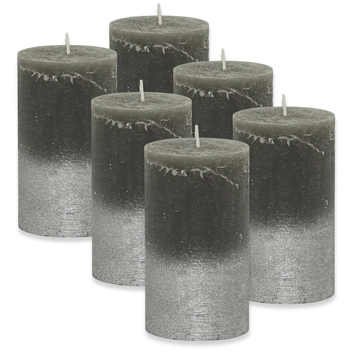 6er Set Gies Rustik Stumpenkerzen 120x68mm Blockkerzen Dunkelgrau-Silber