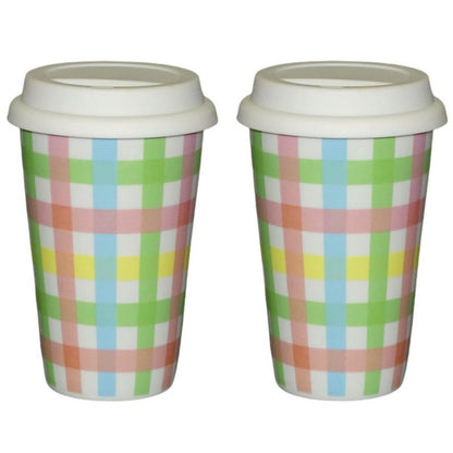 2 Stück Coffee To Go Becher mit Deckel 250ml doppelwandig Porzellan B-Ware - Karo bunt