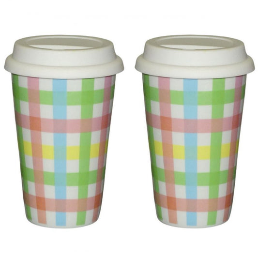 2 Stück Coffee To Go Becher mit Deckel 250ml doppelwandig Porzellan B-Ware - Karo bunt