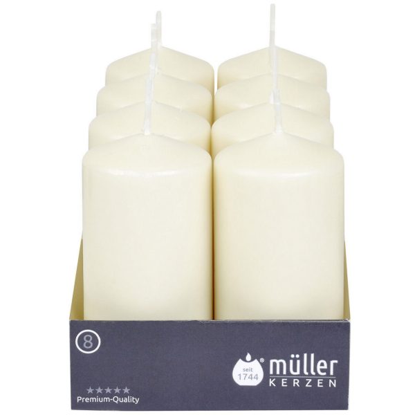 8er Set Müller Stumpenkerzen 120x60mm BSS-Durchbrandsperre – Elfenbein