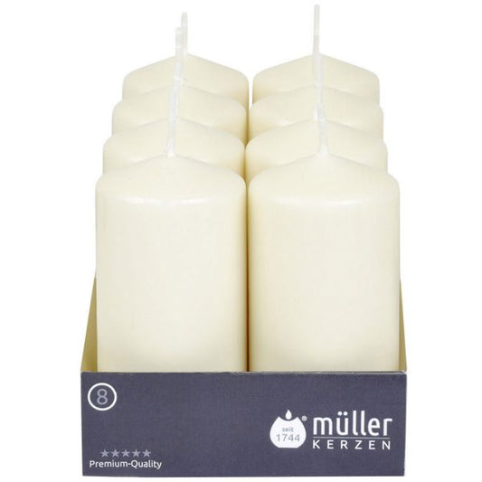 8er Set Müller Stumpenkerzen 120x60mm BSS-Durchbrandsperre – Elfenbein